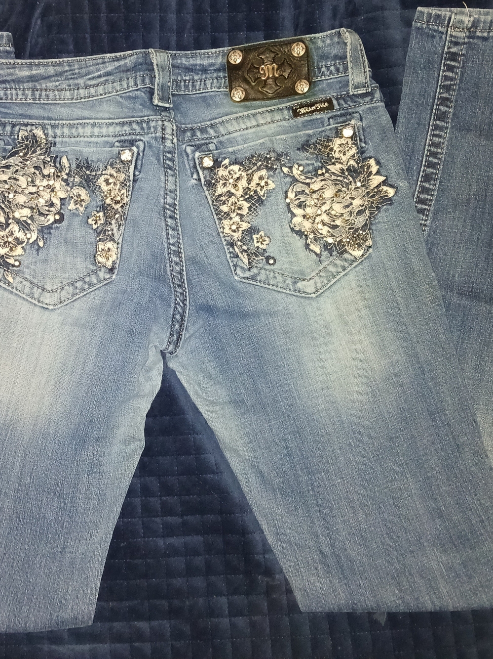 Miss Me Floral Lace Embellished Straight Leg Jeans Size 31 Y2K Western Bling